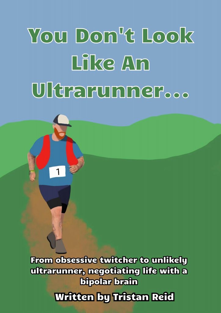 Front cover of the book 'You Don't Look Like An Ultrarunner'. It is a bright stylised image of the author running in the mountains close to Grasmere.